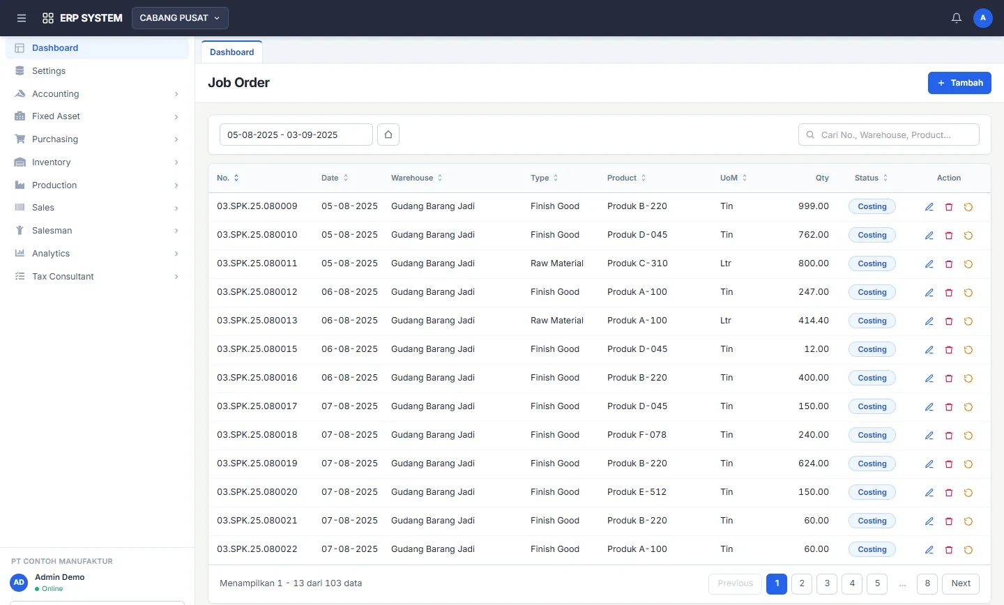 Daftar Job Order produksi di aplikasi ERP kutucoding