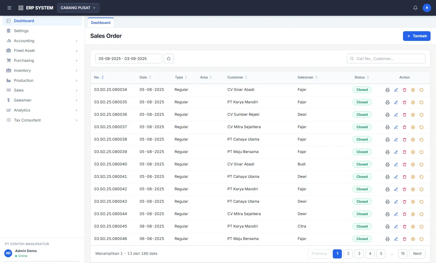 Daftar Sales Order di aplikasi ERP kutucoding